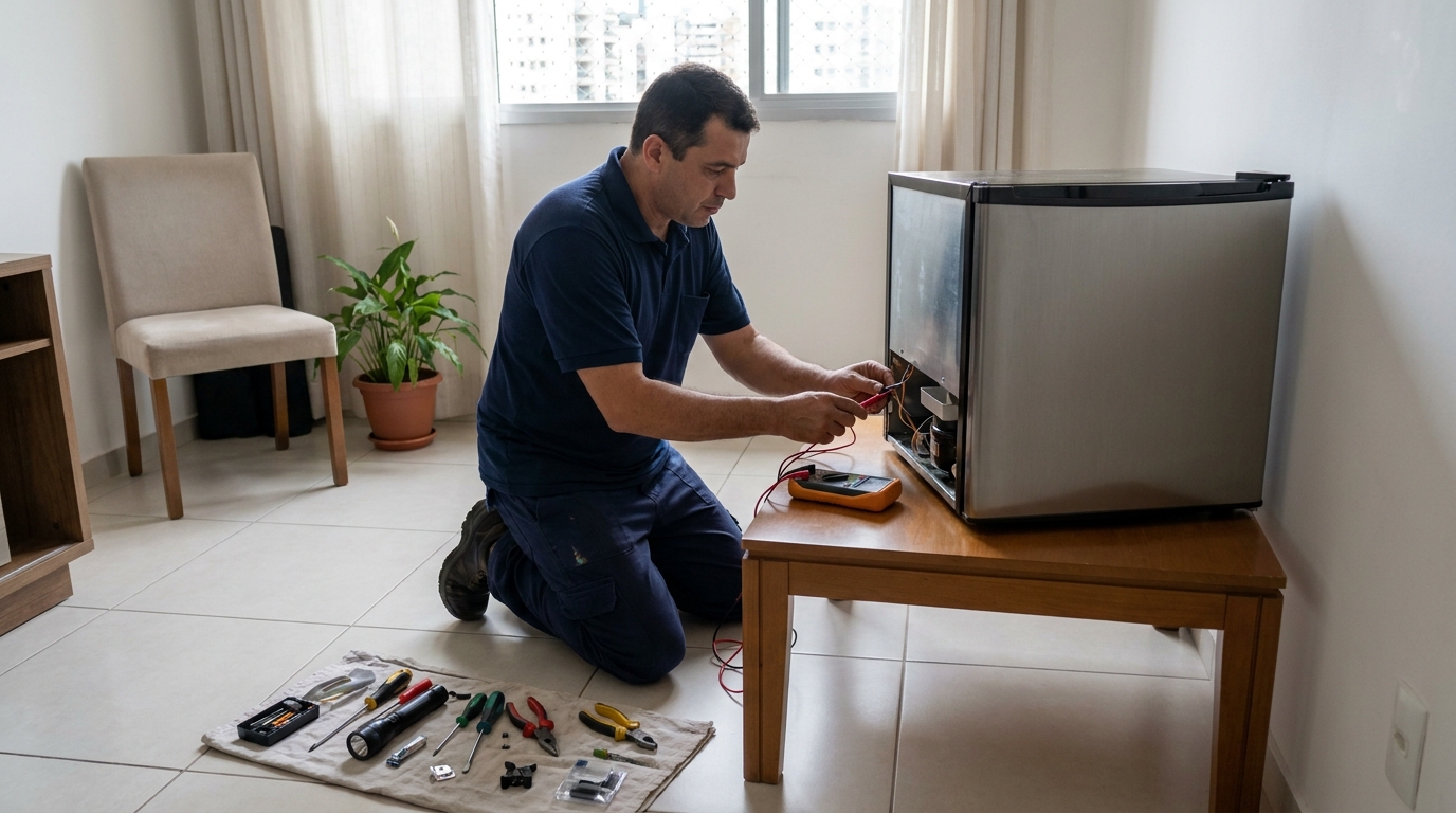 Técnico realizando manutenção de motor de frigobar no Curado, Recife‑PE