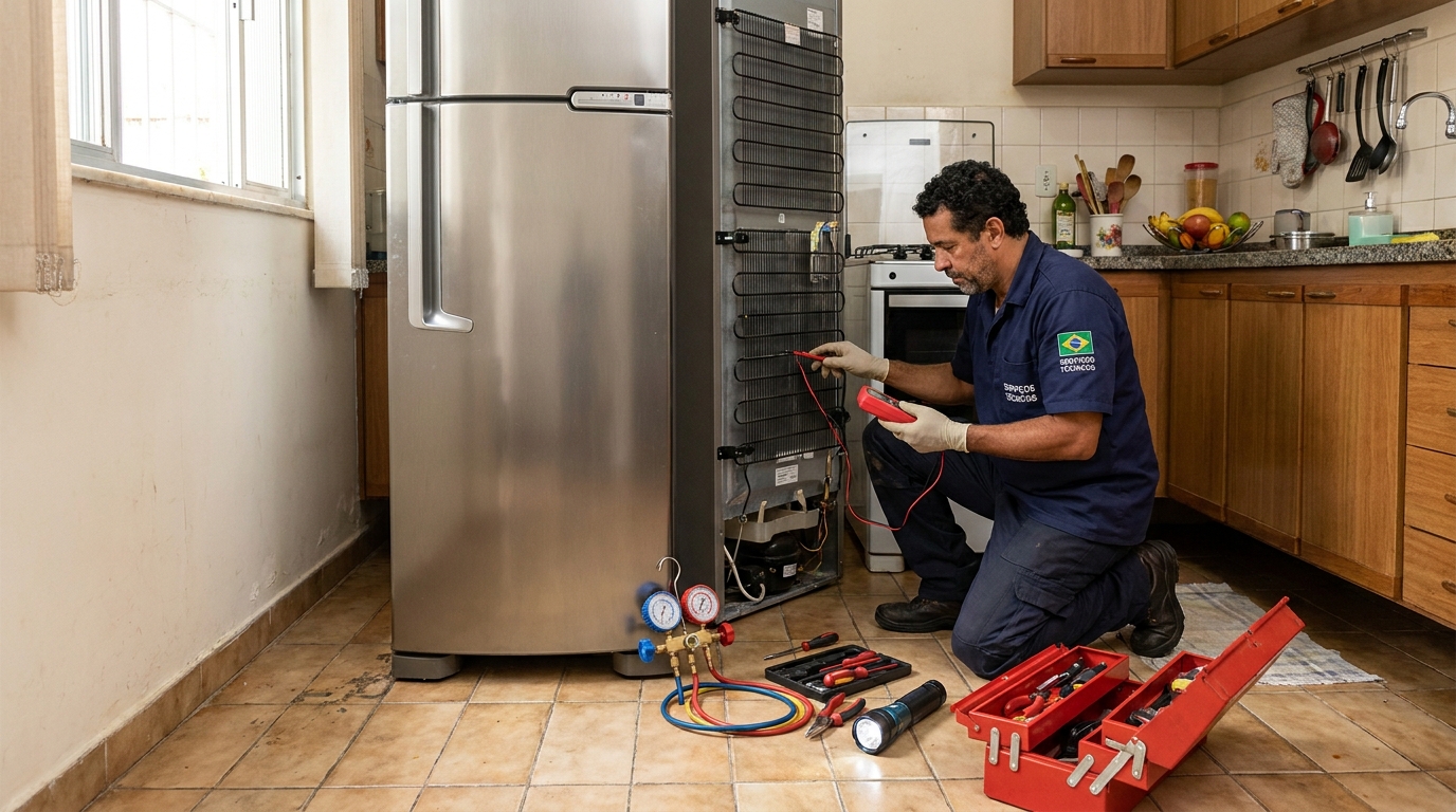 Técnico realizando manutenção de motor de geladeira em Boa Vista, Recife‑PE
