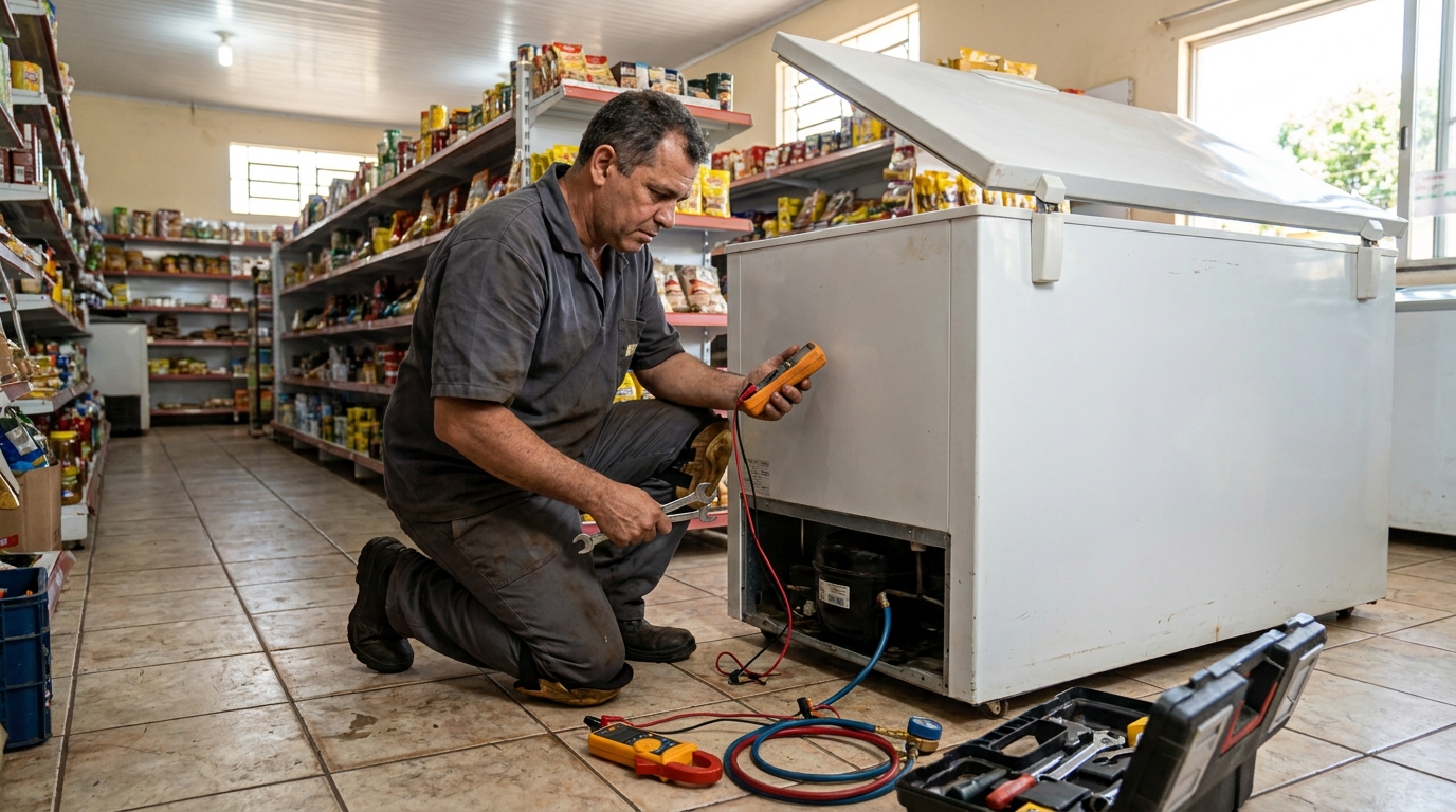 Troca de termostato de freezer em atendimento técnico em Arruda, Recife‑PE