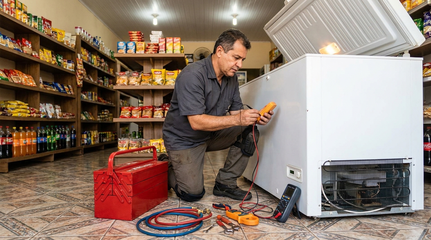 Recarga de gás refrigerante em freezer em atendimento na Ponte d’Uchoa, Recife‑PE