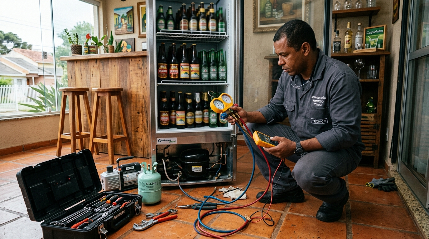 Técnico de conserto de cervejeira em residência na Ponte d’Uchoa, Recife‑PE